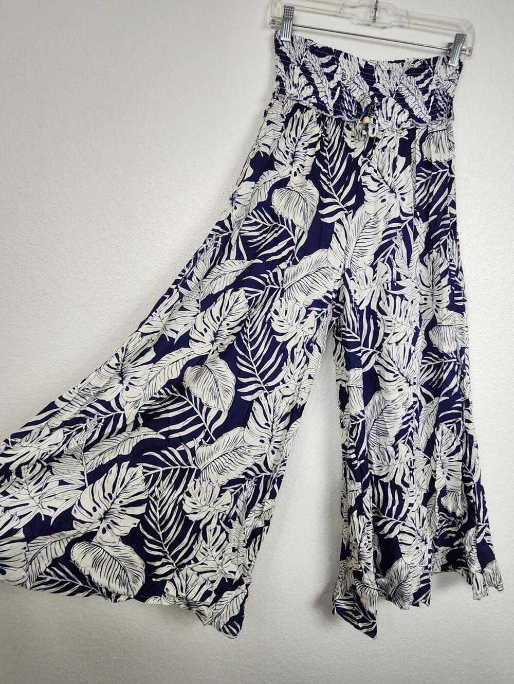 Free People Tropical Wide Leg Navy Blue White Pants